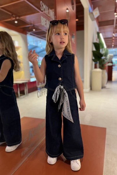 NOBLEKIDS SweetMe Girls' Denim Top and Bottom Set, Navy Blue