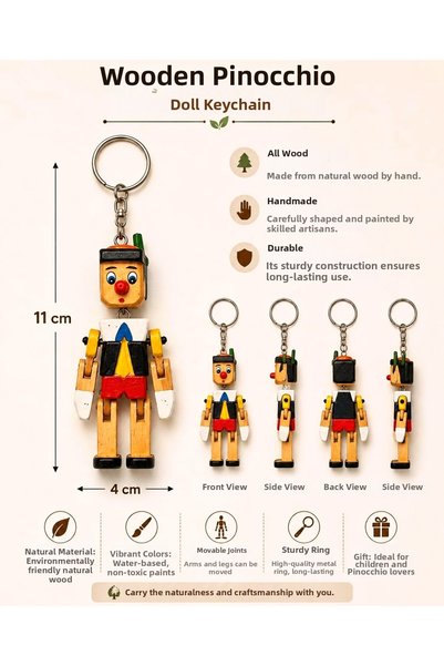 Wolawood Breloc din lemn natural cu figurină Pinocchio, păpușă colorată de ag...