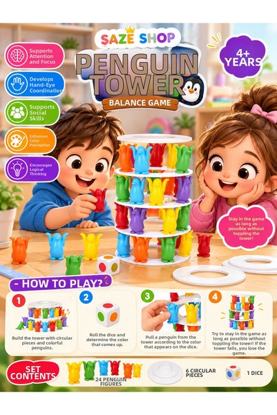 SAZE Şaze Shop Penguin Tower Balance Game: Colorful Penguin-Themed Tossing Ed...