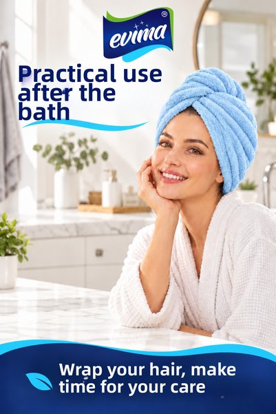 EVİMA Microfiber Hair-Drying Towel and Hair Cap – Single-Button, Light Blue