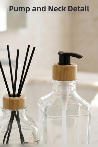 Snow Homs Bath Set: Glass Liquid Soap Dispenser with Bamboo Tray and Scented Bottle with Stick, 3-Piece Set