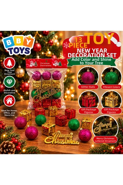 BBYTOYS 13-Piece Large Assorted Christmas Tree Ornament Set – Colorful Glittery Balls, Gold Gift Boxes, and "Merry Christmas" Christmas Tree Ornaments