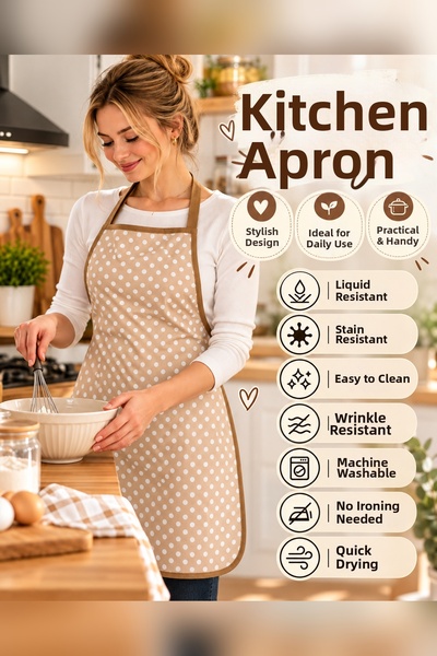 GLOMAR Beige Kitchen Apron—Stain Resistant, Liquid-Repellent, Washable—Specia...