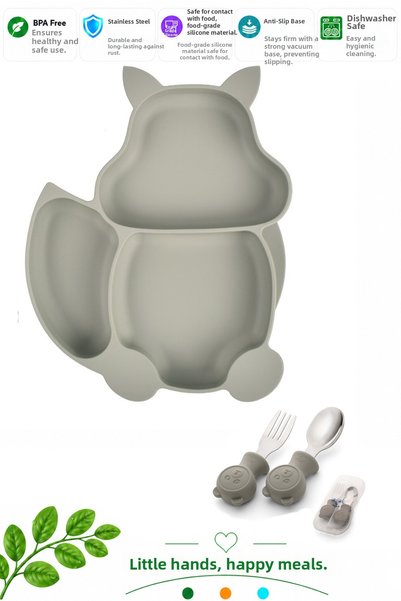 jojobebek Gray, BPA-Free, 3-Compartment Silicone Meal Plate and Stainless Ste...