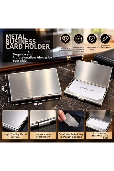 Atak Hediyelik Silver-Colored Metal Business Card Holder, 10 x 6.5 cm – Pocke...