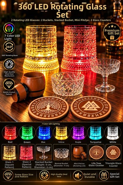 BB Craft 360° LED Rotating Glass Party Set – 7-Color Light-Up Glass, 2 Bowls,...