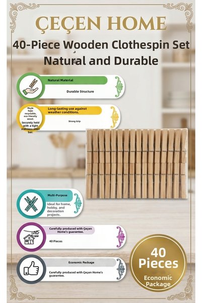 ÇEÇEN HOME Set of 40 Wooden Clothespins - Sturdy Stainless Steel Spring-Loade...