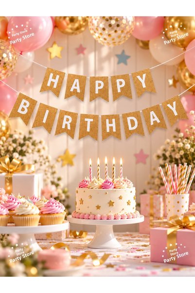 Parti Dükkanı Kraft White Happy Birthday Banner – Natural Kraft Cardstock wit...