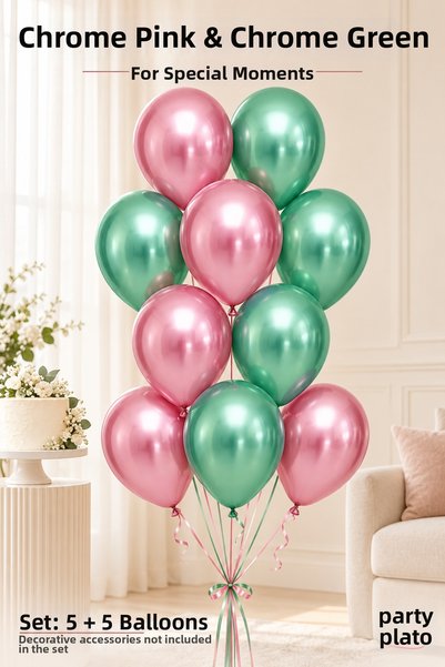 Marlon Balon Set of 10 Chrome Pink and Chrome Green Latex Balloons, 11 Inches...