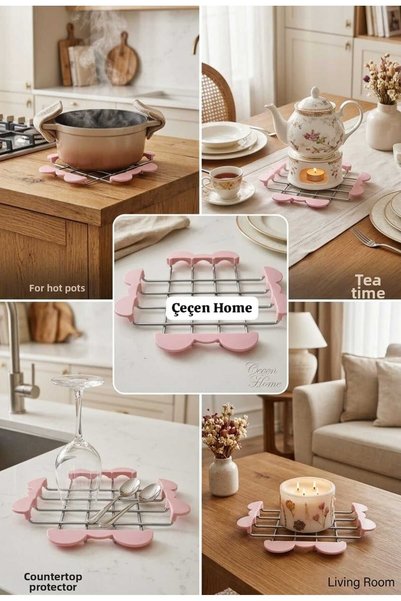ÇEÇEN HOME Pink Metal Coffee Pot with Legs, Cup, and Pot Coaster Set - Heat-R...