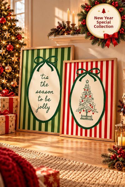 NT Handmade New Year's Framed Art Set (Set of 2): Retro-Style Natural Wood Wa...