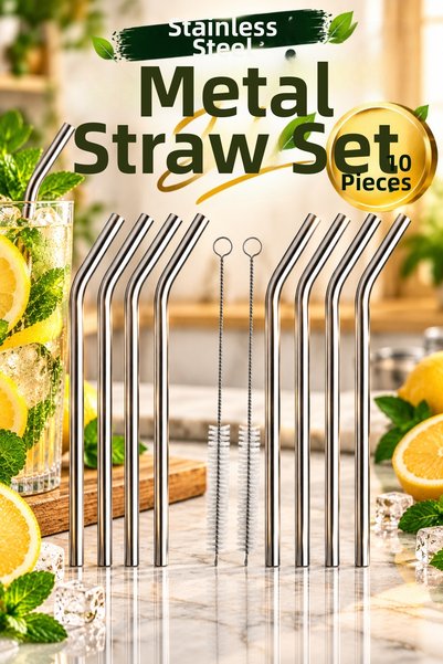 Tasarım Evi Stainless Steel Metal Beverage Straws and Straw Cleaning Brush Se...