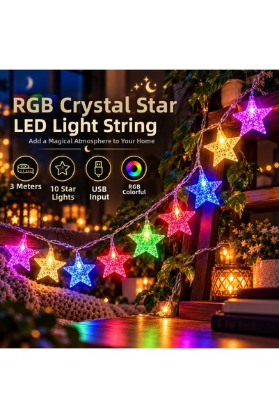 Coverzone Set of 10 Crystal Star-Shaped RGB LED String Lights, 3 Meters, with...