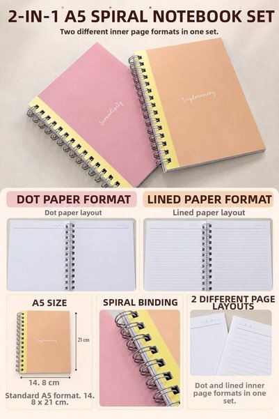 Nathy Notes A5 Spiral-Bound School Notebook, 80 Sheets, 2-Pack – Lined & Dotted