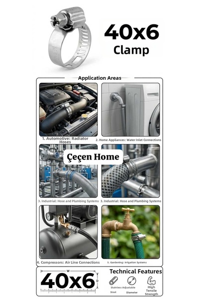 ÇEÇEN HOME 40x6 mm Hose Clamp - Stainless Steel Adjustable Clamp for Automoti...