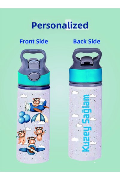 DKDZ SHOP Blue Water Bottle with Metal Straw - 600 ml. - 005