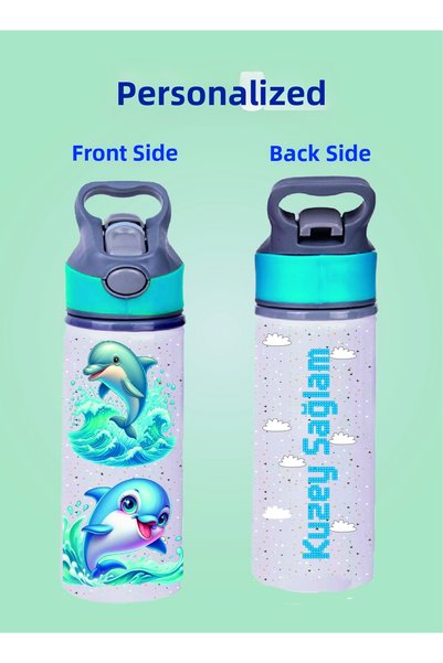 DKDZ SHOP Blue Water Bottle with Metal Straw - 600 ml. - 008