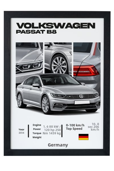 gxe.art Volkswagen Passat B8 Sedan Gri Poster cu Rame Negre Tablou Decor de P...