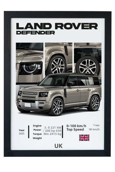gxe.art Land Rover Defender Gri Premium SUV Off-Road Tablou Poster cu Rame Ne...