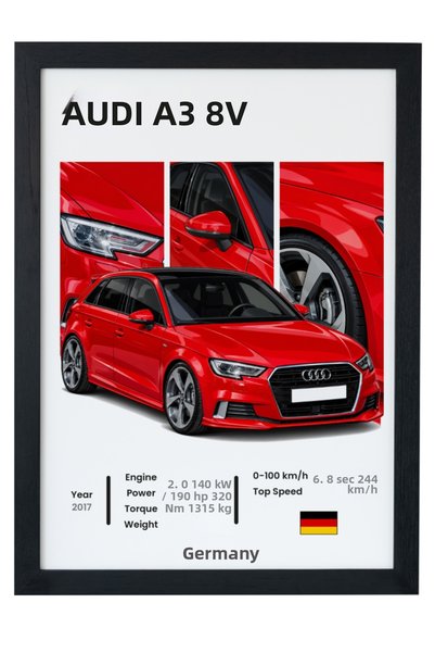 gxe.art Audi A3 8V Sportback roșu, poster cu cadru negru, decor de perete, ha...