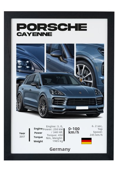 gxe.art Porsche Cayenne SUV de lux albastru, poster cu ramă neagră, decor de ...