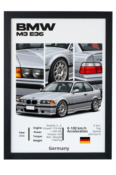 gxe.art BMW M3 E36 Poster cu design clasic M Sedan argintiu, cu ramă neagră, ...