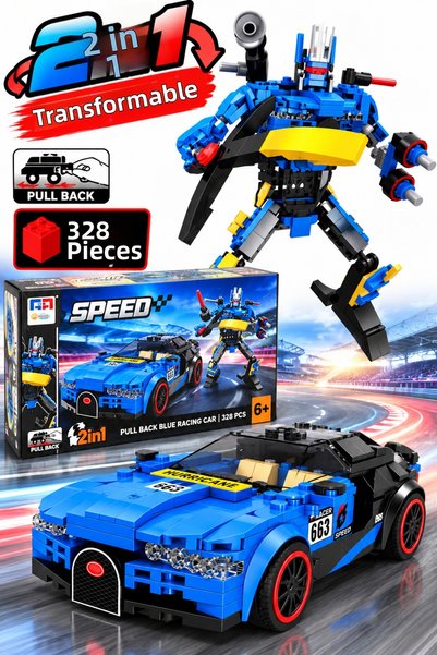 craftivio 328-Piece 2-in-1 Drag-and-Drop Blue Race Car and Robot Building Set...