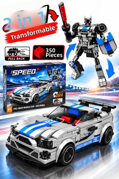 craftivio 350-Piece 2-in-1 Drag-and-Drop Gray Race Car and Transformable Robo...