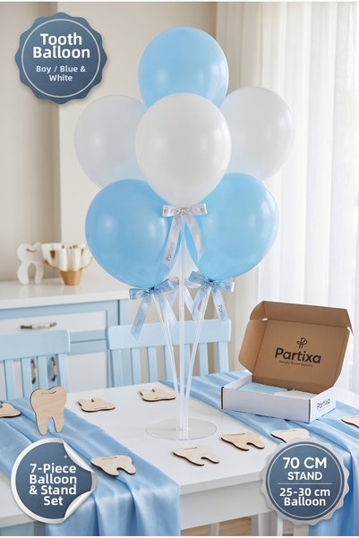 Partixa First Tooth Baby Boy Balloon Stand Set: 70 cm Table Stand, 7 Latex Ba...