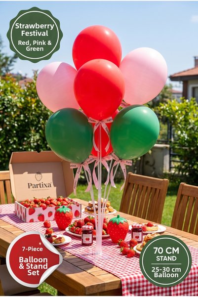 Partixa Strawberry Festival-Themed Balloon Stand Set: 70 cm Table Stand, 7 La...