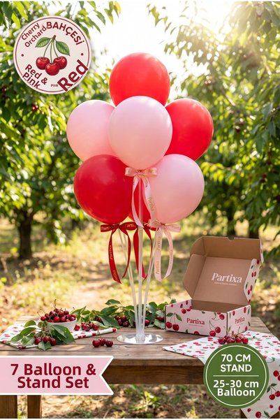 Partixa Cherry Orchard-Themed Balloon Stand Set: 70 cm Table Stand, 7 Latex B...