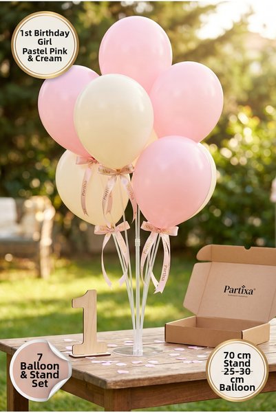 Partixa 1st Birthday Balloon Display Set for a Girl: 70 cm Table Stand, 7 Lat...