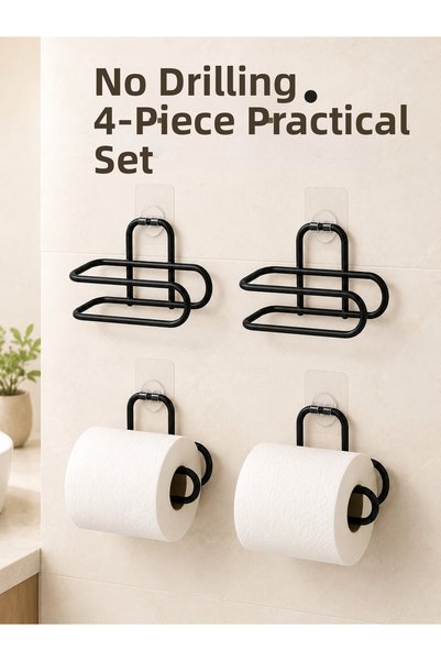 Eldenör Black 4 Pieces Metal Toilet Paper Holder Self-Adhesive Mounting Witho...