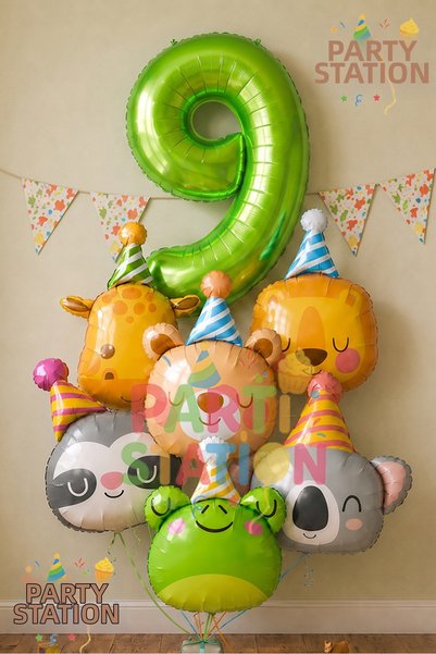 Parti Station Safari Animals Theme 9-Year-Old Green Balloon Set, 7-Piece Anim...