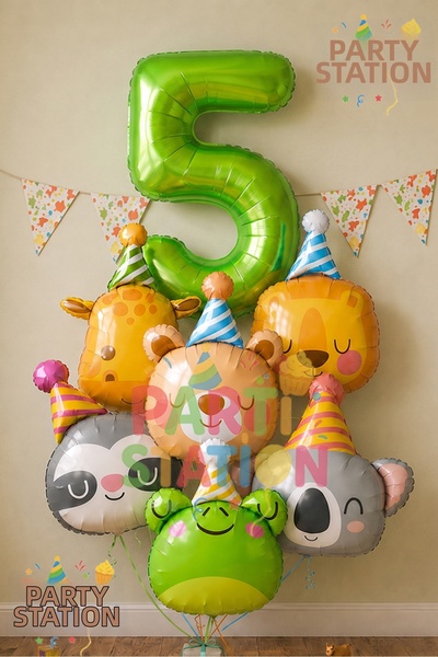 Parti Station Safari Animals Theme 5-Year-Old Green Balloon Set, 7-Piece Anim...