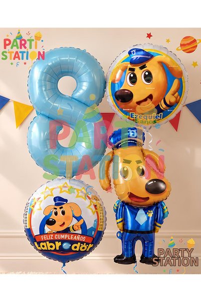 Parti Station Dog Sheriff Labrador Concept 8Th Birthday Balloon Set, 4 Pieces...