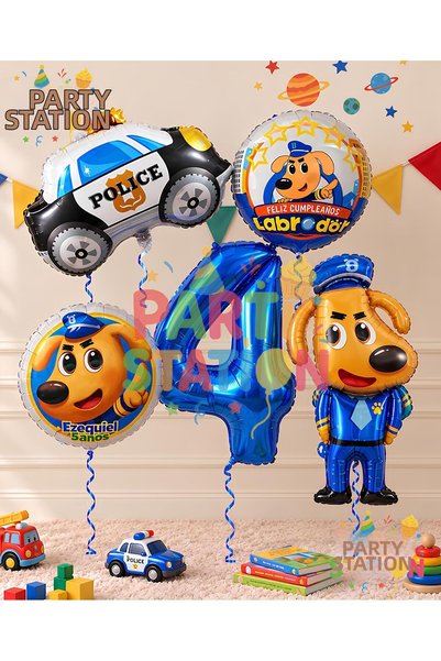 Parti Station Dog Sheriff Labrador Concept 4-Year-Old Balloon Set, 5 Pieces, ...
