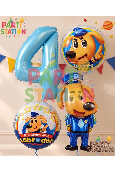 Parti Station Dog Sheriff Labrador Concept 4-Year-Old Balloon Set, 4 Pieces, ...