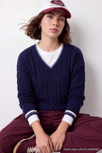 Trendyol Collection Navy Cable-Knit College-Themed Knit Sweater TWOAW26KZ00153