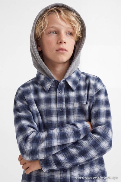 TRENDYOLKIDS Indigo Boy Plaid Patterned Hooded Long Sleeve Flannel Shirt Tkda...