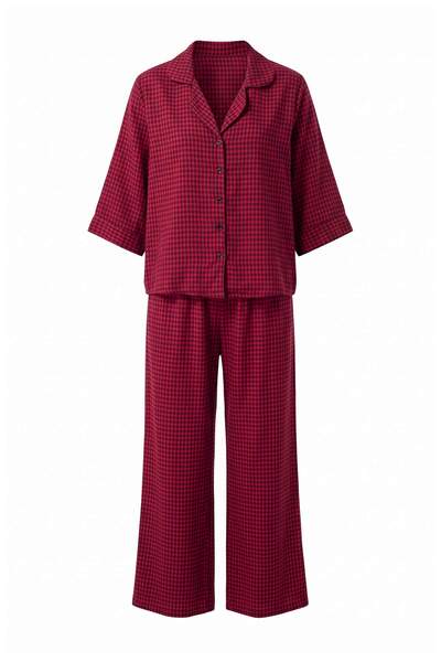 Trendyol Collection طقم بيجامة من الفلانيل المنسوج باللون الأحمر الداكن THMAW...