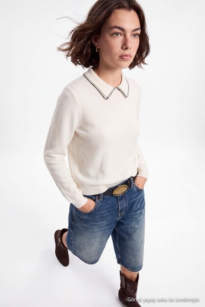 Trendyol Collection Ecru Cotton Content Collar Stitching Detail Knitwear Swea...