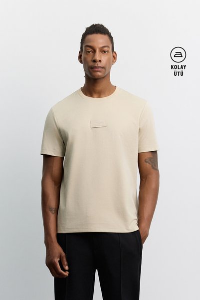 Avva Men's Beige Crew Neck Cotton Easy-Iron Regular Fit T-Shirt A62Y1022