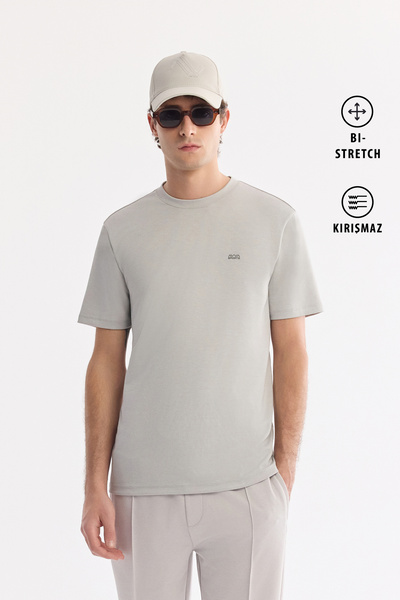 Avva Men's Light Gray Crew Neck Bi-Stretch Wrinkle-Resistant Printed Regular ...