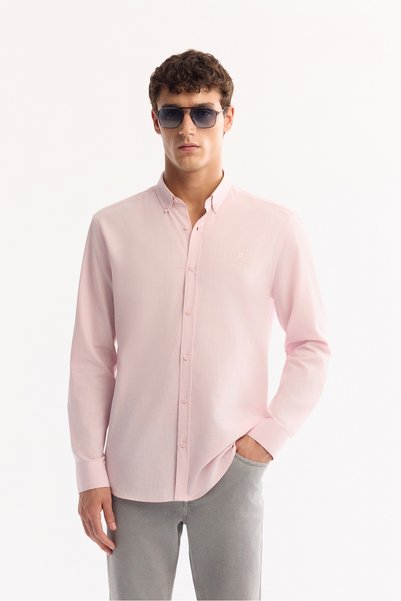 Avva Men's Light Pink Buttoned Collar 100% Cotton Linen Textured Comfort Fit ...