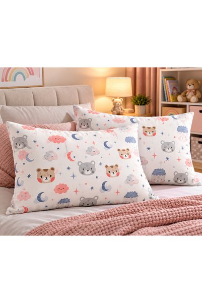 Belsina Home Desenli Minik Ayıcık | 2 Adet Yastık Kılıfı | Fermuarlı