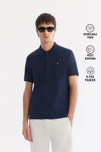 Avva Men's Navy Blue Non-Curling Polo Collar 100% Cotton Basic Regular Fit T-...