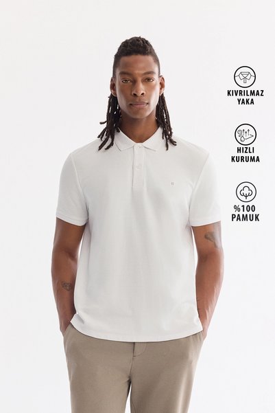 Avva Weißes, nicht kräuselndes Herren-T-Shirt mit Polokragen aus 100 % Baumwo...