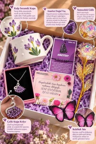 Le Manolia Accessories kararmaz çelik mor kuğu kolye ,sonsuzluk gülü ,ametist...