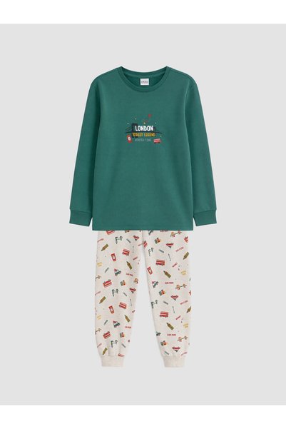 LC Waikiki Peak New Season Green Crew Neck Boys' Pajama Set